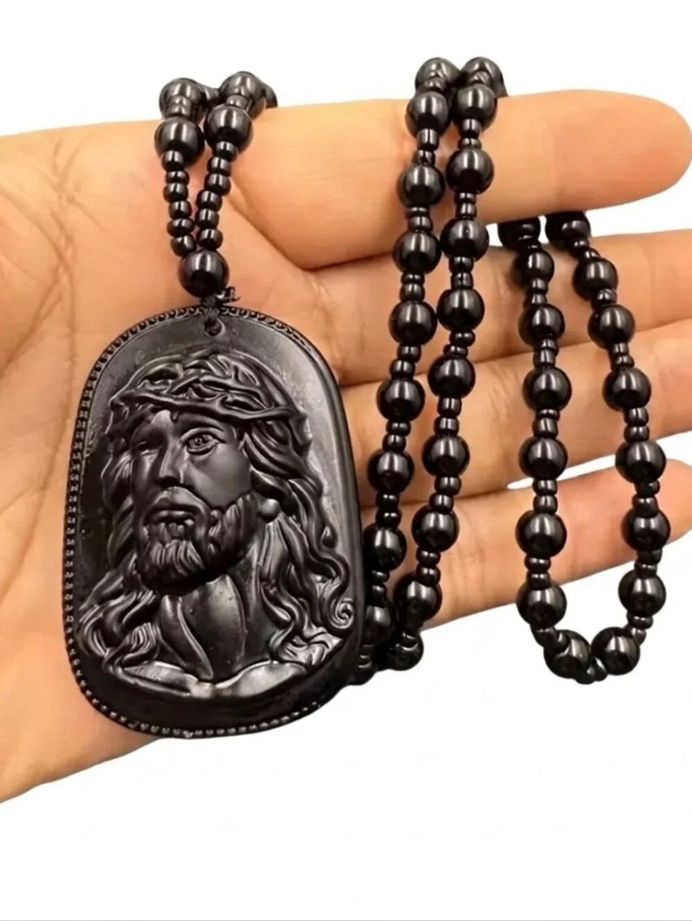 Black Jesus Pendant Beaded Resin Necklace